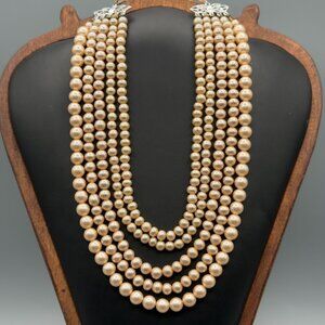 Vintage Multi Strand Champagne Faux Pearl Necklace Silver Tone Filigree Clasp